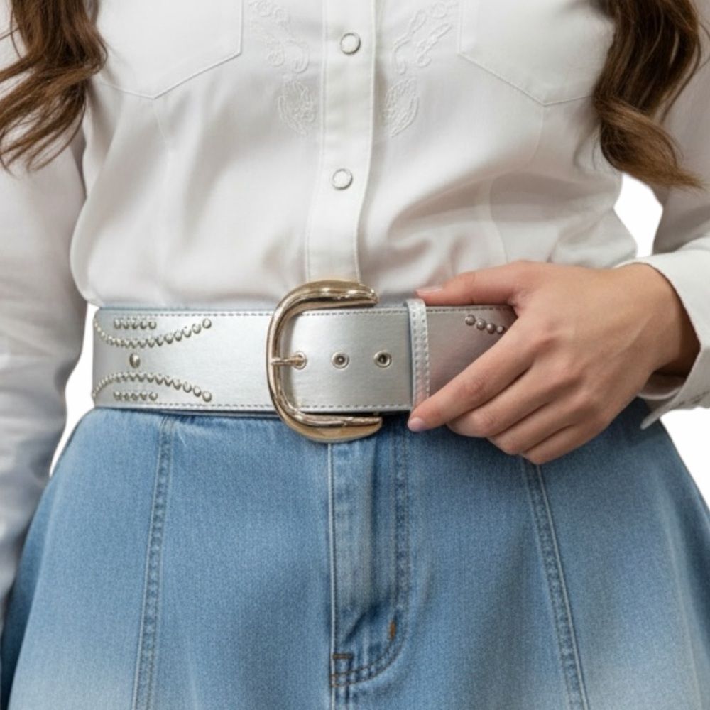 Wide Silver Studded Oversized Buckle Statement Belt NWT
